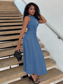 Alexandranx Black Date Night Lateral Cross Frenulum Solid Ruched Detail Long Dress - Baby Blue - View 3