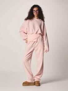 MISSGUIDED 宽松圆领卫衣，配有束腰带和灯笼袖，柔软针织套头衫，休闲长袖粉色上衣 - 藕粉色 - 查看 3