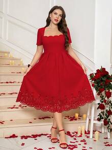 Vestido de mujer de talla y longitud media con cuello cuadrado y adorno de concha - Albaricoque - Ver 11