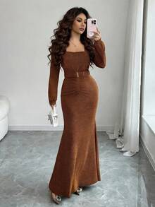 Elenzga Elegantes, sexy glitzerndes Kleid mit quadratischem Ausschnitt, Langarm, Gürtel und Meerjungfrau-Silhouette, schmeichelhaft für Party, Date, Herbst/Winter/Frühling