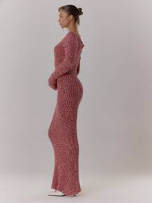 MUSERA Vestido maxi de punto grueso de manga larga y holgado, elegante para vacaciones de primavera, lindo y sexy, estilo de los 90, para festival de verano, graduación, invitado de boda, otoño, invierno y uso diario, elegante en otoño, San Valentín, primavera - Burdeos - Ver 4