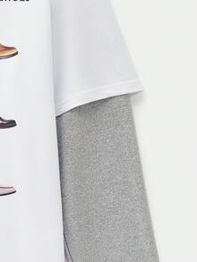 SWAVVY 男士休闲撞色拼接印花T恤，秋季款 - 白色 - 查看 5