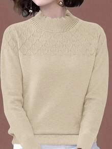 EMERY ROSE 蓝色纯色长袖休闲毛衣，针织套头衫，秋冬款 - 卡其色 - 查看 3