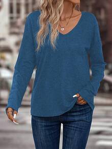 EMERY ROSE 女士休闲百搭简约V领长袖T恤，秋冬款 - 藍色 - 查看 5