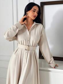 EURMUSE 系带衬衫裙，飘逸A字廓形，翻领设计，长袖款式，柔软羊毛混纺面料，优雅简约风格，经典米色调，尽显女性柔美气质。 - 米色 - 查看 7