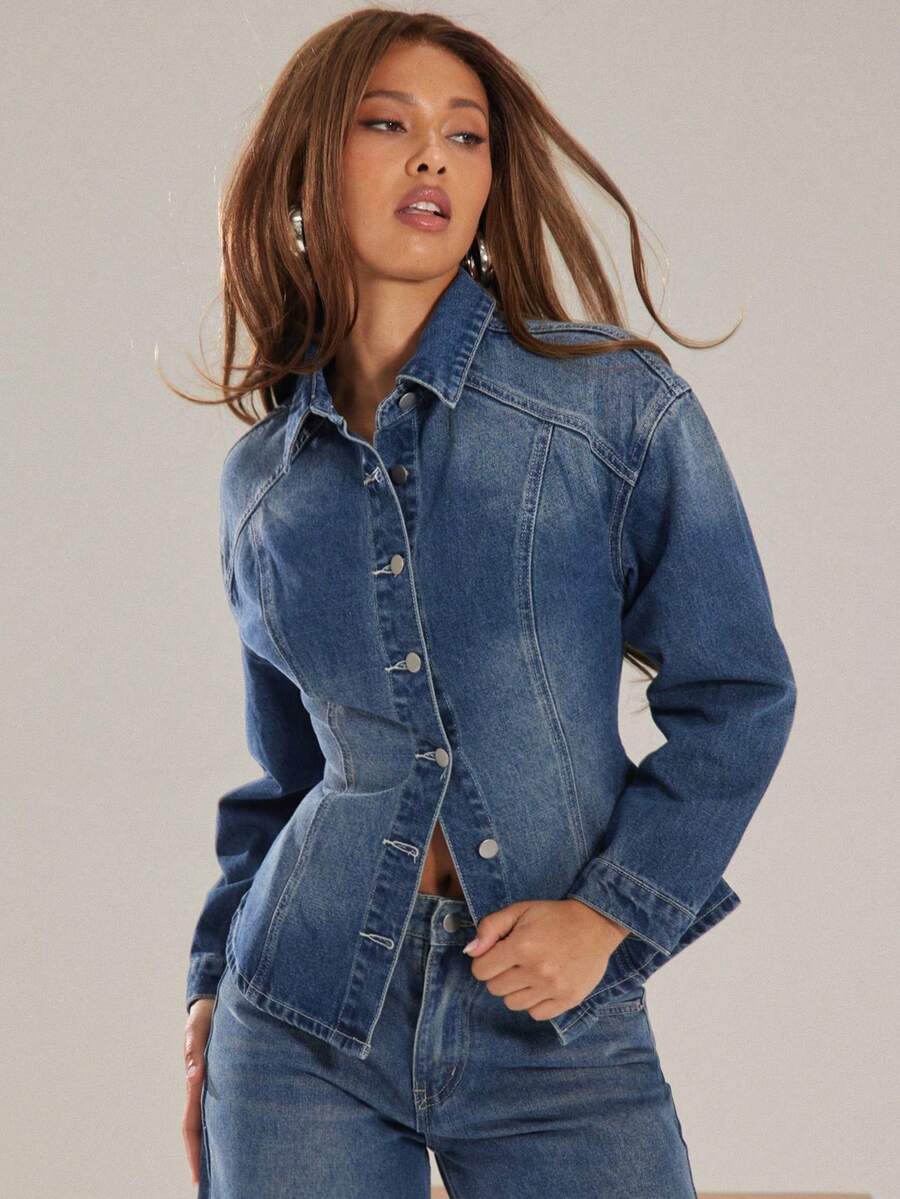 Denimoi 收腰翻领纽扣长袖牛仔上衣 - 中等水洗藍 - 查看 1