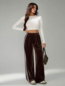 SHEIN Tall 阔腿侧条纹丝绒厚腰带低腰慢跑裤，秋冬春夏复古可爱乡村田园风返校休闲家居裤，女款奶油糖色，秋冬春夏，夏夏圣诞节 - 棕色 - 查看 8