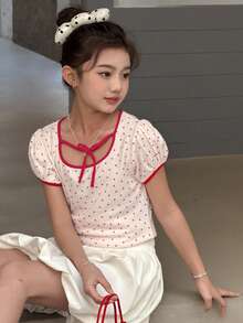 DAZY 少女波点系带休闲短袖T恤，秋夏季 - 米色 - 查看 2