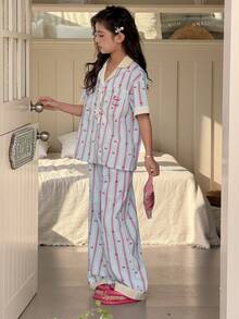 DAZY Tween Girl Striped Cherry Print Bow Decor Short Sleeve Top And Pants Pajama Set - Blue - View 2
