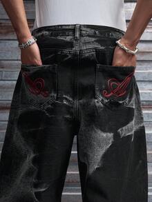 AXEPEAK Men's Washed Loose Casual Pants, Embroidered Design, Stylish & Unique Men Baggy Jeans - Black - View 4