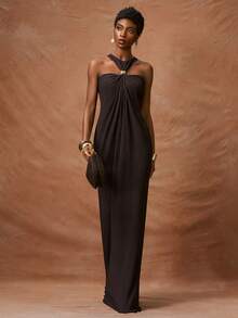 Zivah Đầm midi cổ yếm đính vòng kim loại, chất liệu vải xếp ly, họa tiết sọc dọc, mẫu mới về mùa Xuân/Hè 2026, thích hợp cho Ngày Valentine, Lễ hội âm nhạc, Lễ Phục sinh, phong cách miền Tây, Boho, tiệc Nashville, đám cưới, dịp trang trọng, hẹn hò, tụ họp. - Màu nâu  Mocha - Xem 5