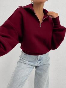 SHEIN Tall 100% Cotton Collar With Zipper Pattern Oversize Sweatshirt, Tall Women - Burgundy - View 3