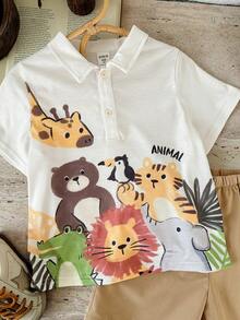 2件套男童可爱动物图案POLO领休闲T恤和短裤套装 - 彩色 - 查看 4