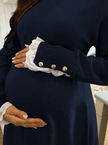 SHEIN Maternity Lace Patchwork A-Line Knit Long Sleeve Sweater Dress, Casual Daily Wear - Navy Blue - View 4