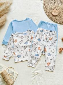 SHEIN Vintaside Kids طقم تي شيرت وبنطلون مطبوع بطبعات حيوانات كرتونية للأطفال الصبيان - بني فاتح - مشاهدة 2