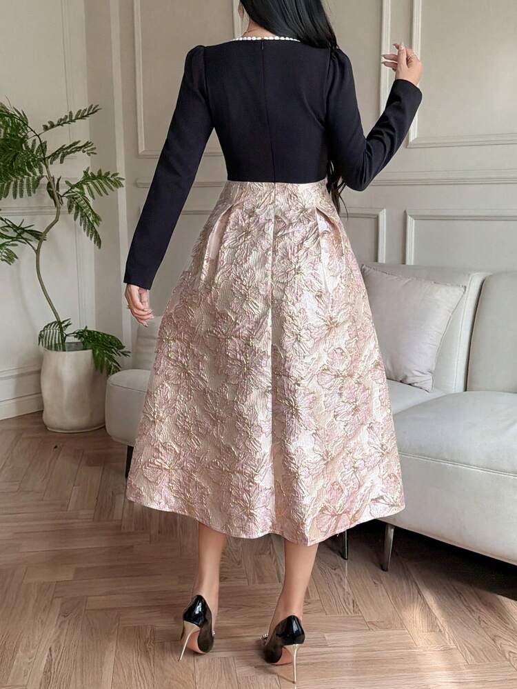 Women's Elegant Colorblock Square Neck Puff Sleeve Mid-Length Dress, Spring/Summer