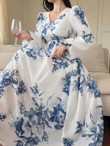 DAZY Đầm dài tay phồng cổ chữ V in hoa thanh lịch dành cho nữ, thích hợp cho mùa xuân/hè. - Màu xanh lam - Xem 1