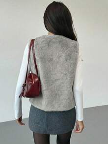 Aloruh 无袖基础款外套，秋冬季优雅时尚仿皮草大衣 - 灰色 - 查看 2