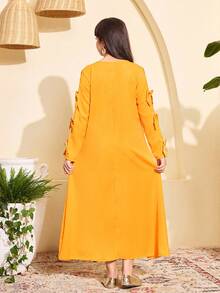 Tween Girls Long Dress, Geometric Pattern Contrast Mesh Dress, Bow Decor Long Sleeve + Tassel Mesh Design Middle Eastern Style Children Clothing - Yellow - View 5