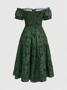 ROMWE Fairycore 大码复古浪漫深色飞蛾印花露肩泡泡袖女式连衣裙 - 墨綠色 - 查看 2