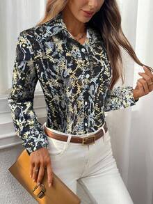 EMERY ROSE 女士蛇纹印花长袖衬衫，时尚百搭，适合日常通勤和度假，春秋季款 - 黑色 - 查看 1
