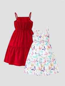 SHEIN Elladie kids Tween Girls' Colorful Butterfly Print Purple 2 Pieces Dress Set - Red - View 2