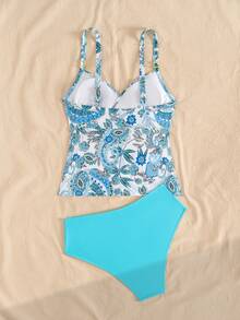 Swim Lushoire Lushore Swim 女士两件套佩斯利花纹肩带吊带背心式泳衣（金属扣）+纯色高腰三角泳裤度假泳装套装 春季度假