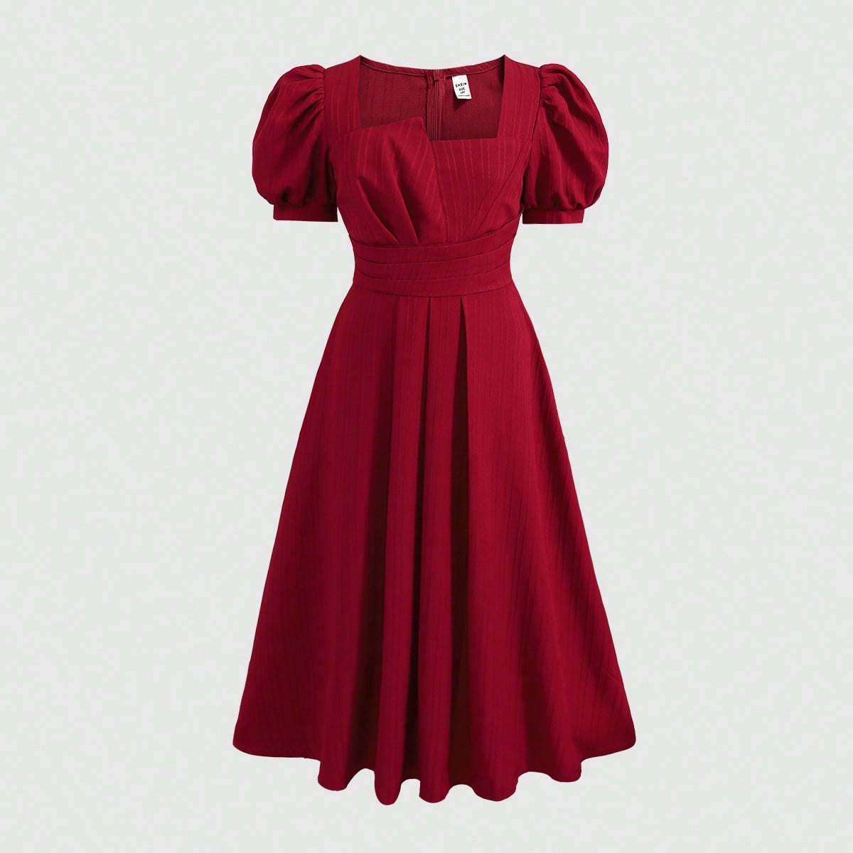 Vestido de niña preadolescente con cuello cuadrado, mangas abullonadas y textura de jacquard, elegante y casual, color rojo cereza, para primavera/ve