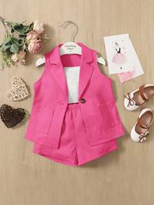 SHEIN Baby Girl Woven Lapel Collar Sleeveless Jacket, Solid Color Camisole And Shorts Casual Outfit - Hot Pink - View 1