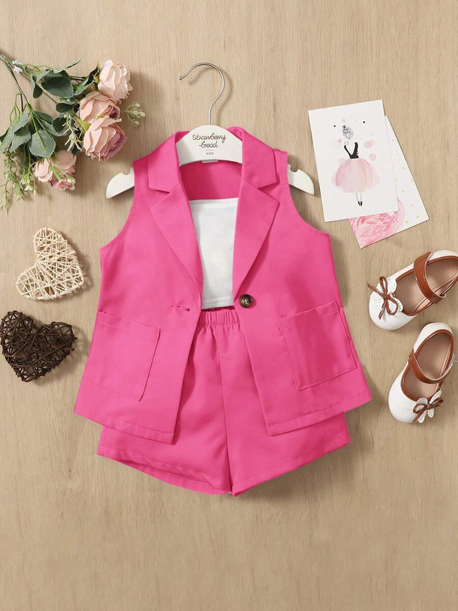 SHEIN Baby Girl Woven Lapel Collar Sleeveless Jacket, Solid Color Camisole And Shorts Casual Outfit - Hot Pink - View 1