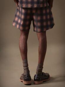 SUMWON Regular Fit Blurred Check Shorts With Drawstring Waist Mid Thigh Length Summer Casual Bermuda Style Bottoms - Khaki - View 2