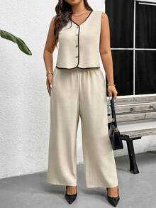 SHEIN Frenchy Bộ đồ nữ cỡ lớn gồm áo vest cổ chữ V cài một hàng khuy và quần ống rộng, kiểu dáng thường ngày. - Màu be - Xem 8