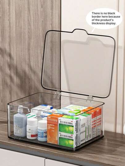 1 pieza Organizador de medicina Caja de almacenamiento, Estuche de almacenamiento de escritorio transparente, Contenedor de almacenamiento a prueba de polvo con tapa abatible. Organizador de medicina mini para el hogar. Almacenamiento multifuncional para cosméticos, mascarillas faciales, papelería, artículos varios