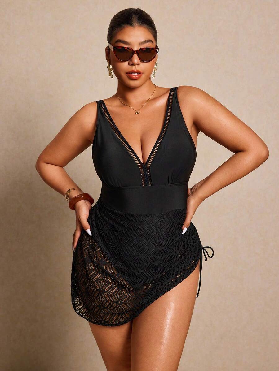 Elaquor Traje de baño de una pieza sexy con escote en V profundo de unicolor para mujer de talla grande - Negro - Ver 1