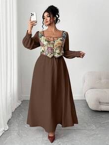 Elenzga Đầm dài tay phối màu kiểu Pháp cổ điển cỡ lớn dành cho nữ, kiểu dáng 2 trong 1, phù hợp cho lễ tốt nghiệp, các ngày lễ, Ngày Valentine, Giáng sinh, lễ hội âm nhạc, Ngày của Mẹ, Halloween, Lễ Tạ ơn, Lễ Phục sinh, Ngày Quốc khánh, các buổi khiêu vũ, hẹn hò, tiệc tùng, đám cưới, hoạt động ngoài trời, mùa thu/đông. - màu nâu - Xem 7