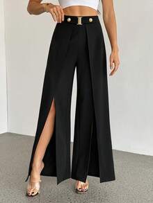 SHEIN Tall Fashionable Commuter High-Waisted Slit Wide-Leg Pants In Black - Brown - View 6