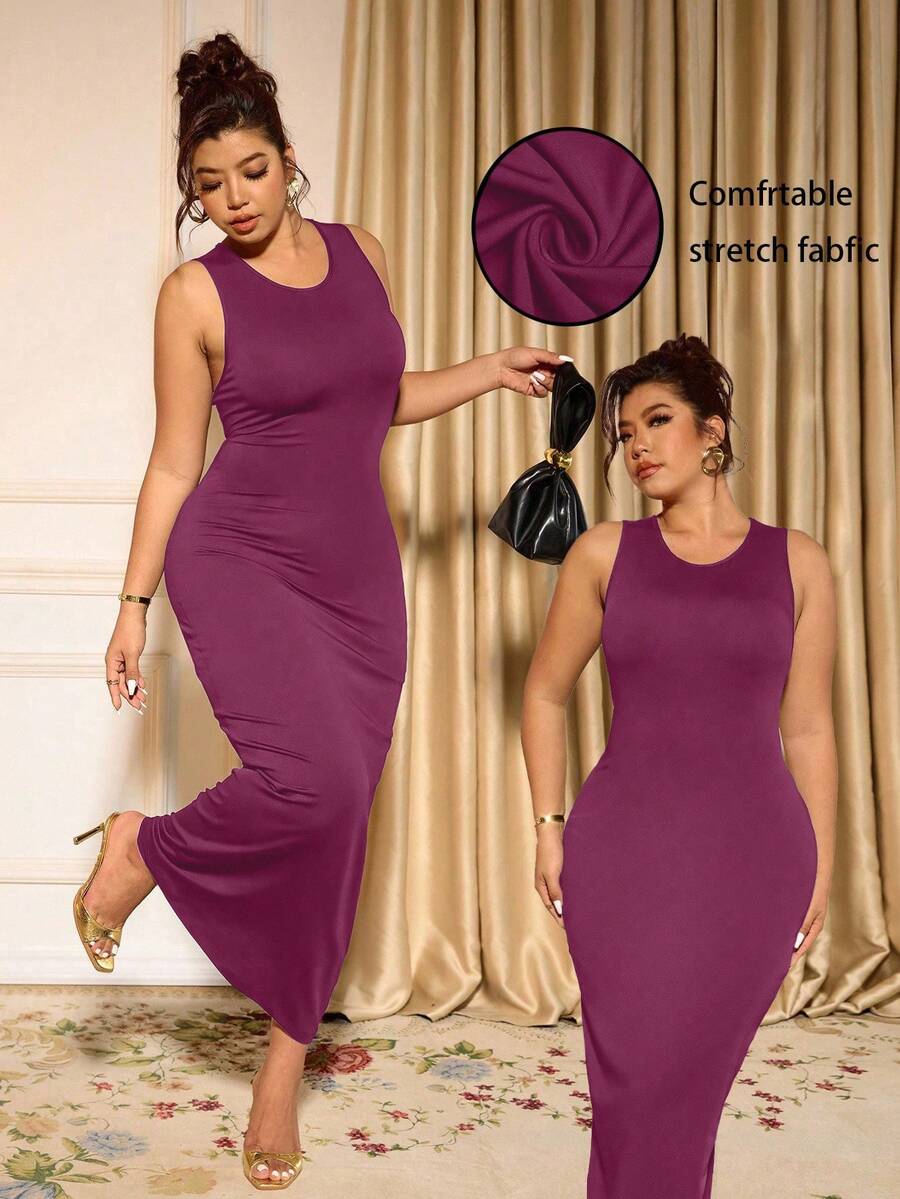 Cravure Váy ôm dáng không tay màu trơn thanh lịch cỡ lớn, thích hợp để đi làm - Màu Hồng Tươi - Xem 1