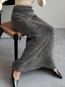 FRIFUL 女士弹力腰直筒亮面纱线毛衣裙 - 灰色 - 查看 6