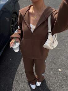 Muchica Women's Casual Brown Knitted Long Sleeve Drop Shoulder Hooded Zipper Jacket And Pants Set With Letter Detail - Brown - View 5