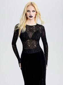 Breakform 女士哥特暗黑风植绒网眼蛇纹圆领长袖修身性感上衣，适合日常出行和节日穿着 - 黑色 - 查看 4