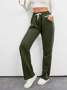 SHEIN Tall 棉質抽繩腰寬鬆直筒運動長褲，舒適透氣，適合高個女性 - 軍綠色 - 查看 4