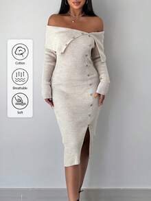 EURMUSE Foldover Off Shoulder Button Front Split Thigh Sweater Dress - Beige - View 1