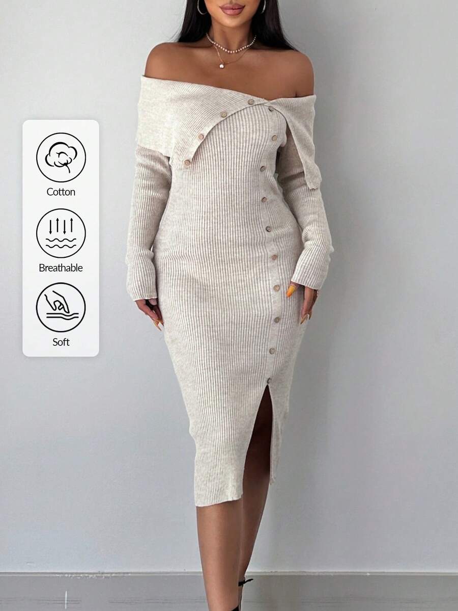 EURMUSE Foldover Off Shoulder Button Front Split Thigh Sweater Dress - Beige - View 1