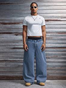 AXEPEAK 男士水洗撞色牛仔裤，百搭时尚休闲裤，男士阔腿牛仔裤，条纹牛仔裤，印花宽松牛仔裤，男士宽松阔腿裤，男士藏蓝色细条纹裤，男士细条纹裤 - 藍色 - 查看 6