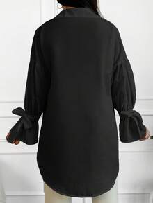 EURMUSE Cotton Pearls Beaded Knot Cuff Drop Shoulder Shirt - Black - View 2