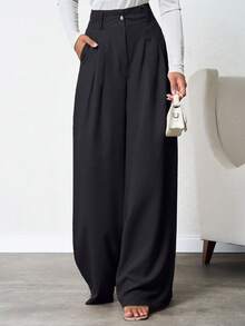 SHEIN 100% bomull, svarta, djupt veckade linnebyxor för kvinnor, casual - Svart - Visa 5
