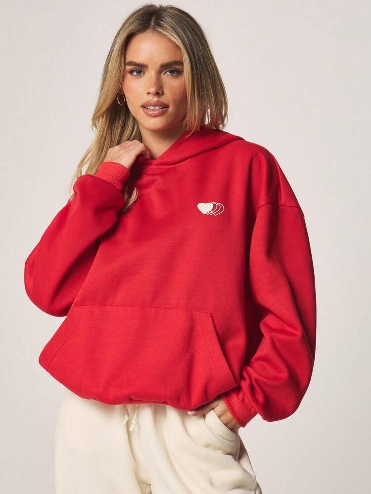 MISSGUIDED Oversized Red Hoodie With Back Print Midnight Lovers Love Club Text White Heart Detail Drawstring Hood Regular Length Casual Sweatshirt