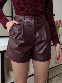 Lavishia 女士酒红色PU皮短裤，适合春季、新年、情人节、派对等场合穿着。春季女士情人节皮短裤，优雅时尚。 - 酒紅色 - 查看 4