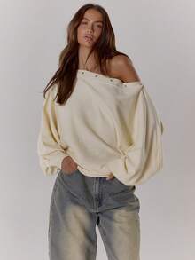 MUSERA Áo liền quần dáng rộng, vai lệch, đính đinh tán, lưng cánh, eo thắt, phong cách Y2K cá tính, đường phố, thường ngày, mùa đông xuân. - Kem - Xem 5