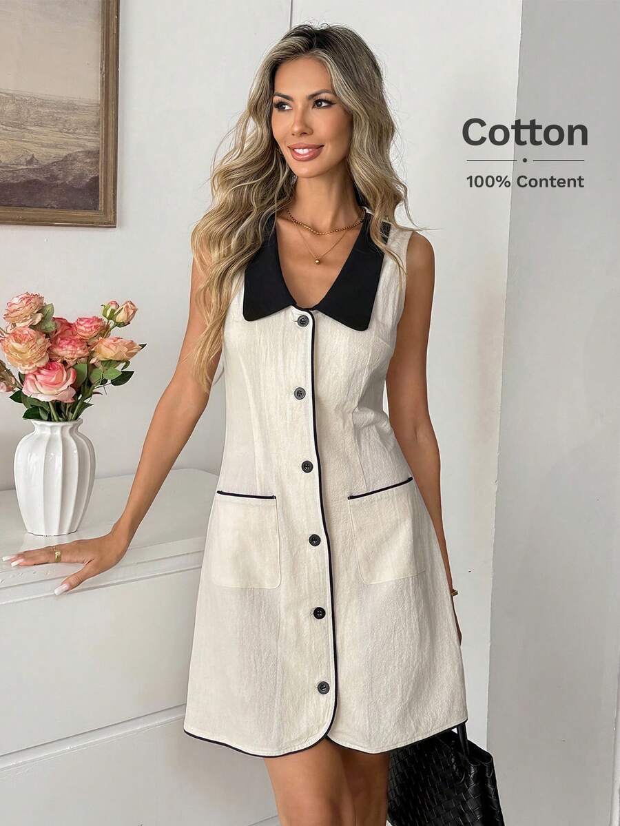 Easowa Sleeveless Lapel Open Front Apricot 100% Cotton Women's Mini Dress, Spring/Summer  Summer Dress  Summer Holiday Outfits Spring Dress Women Spring Break Outfits Valentines Day Dress  Beach Dress  Wedding Guest Dress For Women Summer Holiday Outfits Vacation Outfits Women - Apricot - View 1